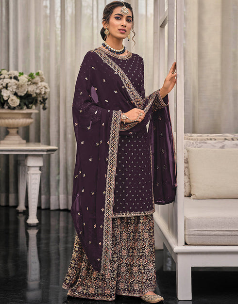Traditional Function Wear Heavy Fox Georgatte Suit Collection Purple Heavy Fox Georgatte Palazzo Straight Front View